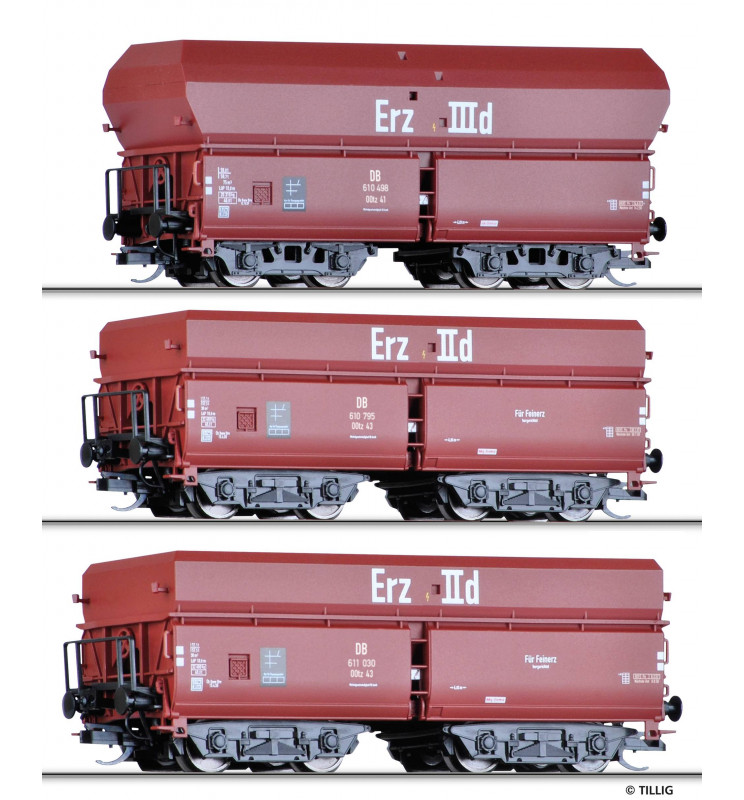 Tillig 01766 - Zestaw wagonów towarowych „Erzzug 3“ DB, Ep. III, skala TT