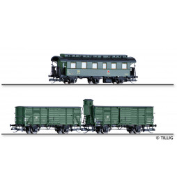 Tillig TT 01014 - Set “Hilfszug” of the DR with one passenger coach and two freight cars, Ep. III