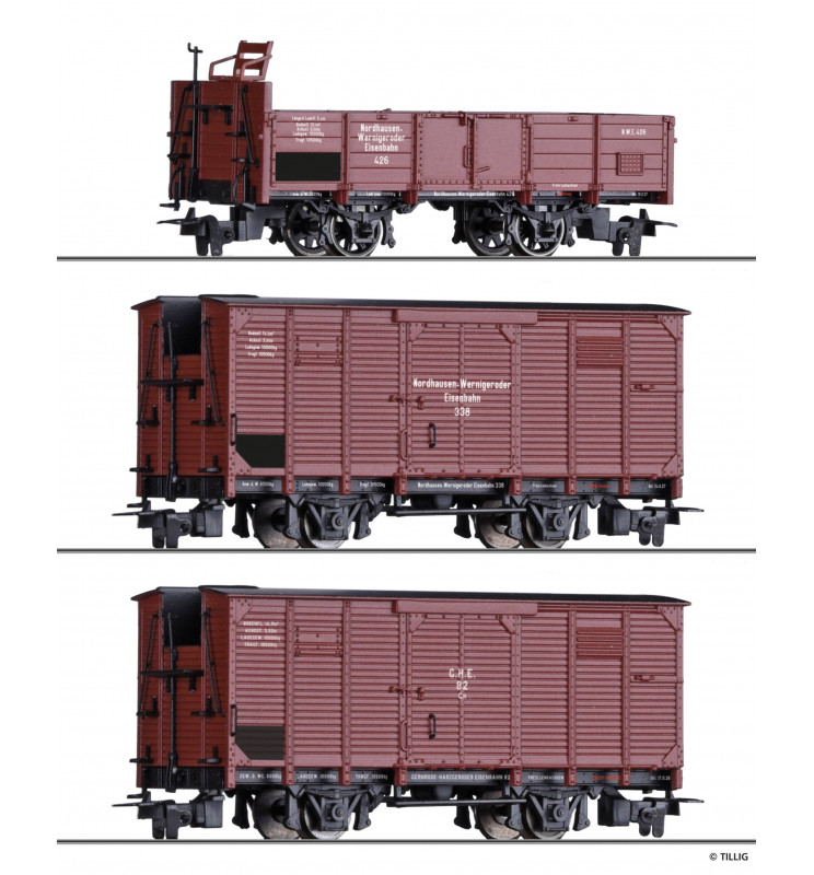 Tillig H0 01273 - Freight car set of the NWE / GHE with one open car and two box cars, Ep. II