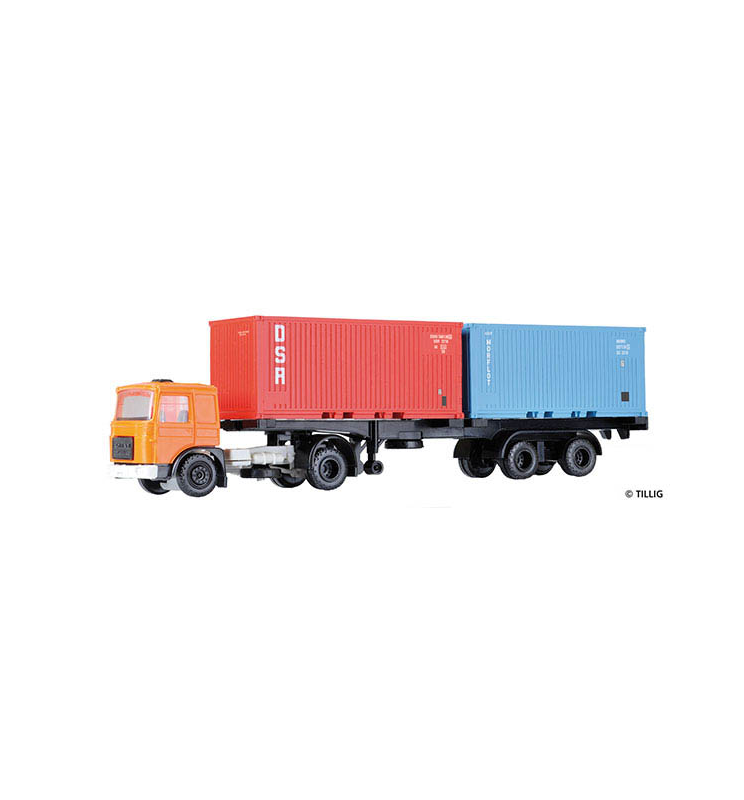 Ciągnik ROMAN z naczepą i 2 kontenerami - Tillig TT 501137