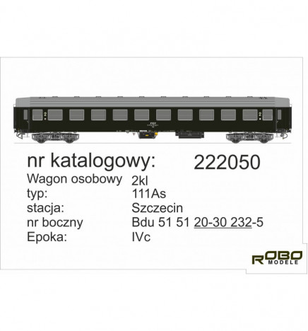 Robo 222051 - Wagon osobowy 2kl 111As, St. Szczecin, ep. IVc z ryflowanym dachem i oświetleniem wnętrza