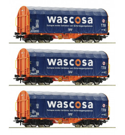 Roco 76009 - Zestaw 3 wagonów plandekowych typu Shimmns, Wascosa, epoka VI