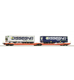 Roco 77395 - Podwójna platforma kontenerowa 738/T3000e z dwoma kontenerami Dissegna, Wascosa, epoka VI