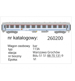 Robo 260200 - Wagon barowy typu 113A (pełen bar), w malowaniu IC - st. W-wa Grochów, ep. VI